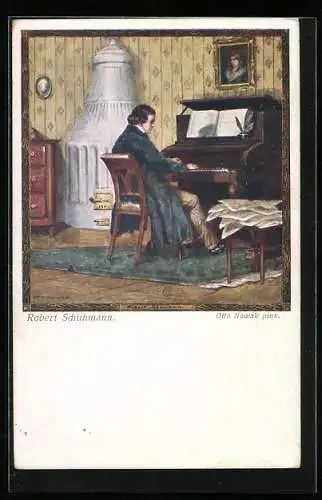 AK Robert Schumann am Piano in seiner Stube