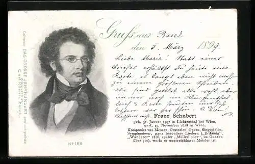 Künstler-AK Portrait von Franz Schubert mit lockigem Haar und Brille