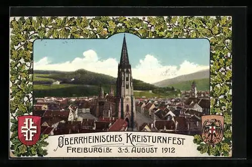 AK Freiburg i. Br., XI. Oberrheinisches Kreisturnfest 1912, Teilansicht mit Kirche und Strassenpartie, Wappen des DTB