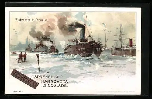 Künstler-AK Willy Stoewer: Eisbrecher in Thätigkeit, Sprengel`s Hannovera-Chocolade