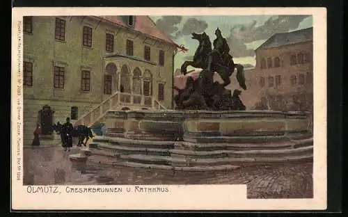 Künstler-Lithographie Raoul Frank: Olmütz, Caesarbrunnen und Rathaus