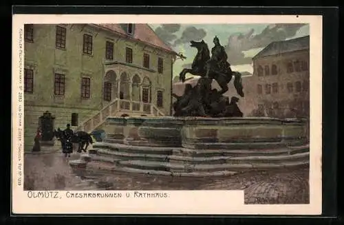 Künstler-Lithographie Raoul Frank: Olmütz, Caesarbrunnen und Rathaus