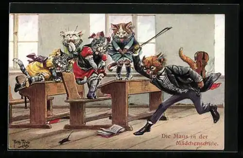Künstler-AK Arthur Thiele: Maus in der Katzen-Mädchenschule