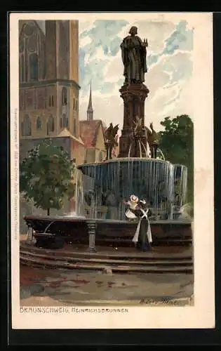 Künstler-Lithographie Zeno Diemer: Braunschweig, Frau mit Kind am Heinrichsbrunnen