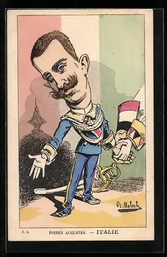 Künstler-AK Alphonse Hector Colomb: Poires Augustes - Italie, Karikatur des Königs von Italien in Uniform