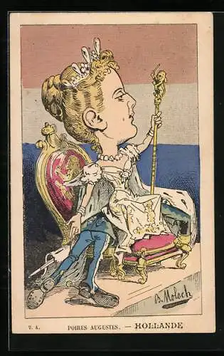 Künstler-AK Alphonse Hector Colomb: Königin Wilhelmina von den Niederlanden versteckt einen Soldaten unter dem Thron