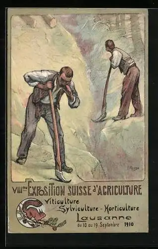 Künstler-AK Lausanne, VIII. Exposition Acriculture 1910, Waldarbeiter bei der Arbeit