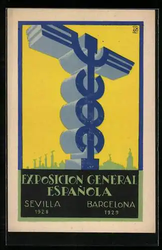 AK Barcelona, Exposicion General Espanola 1929, Stilisierter Hermesstab