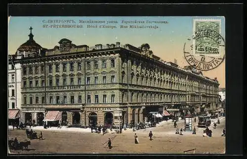 AK St.-Pétersbourg, Hotel d`Europe, Rue Mikhailovskaja, Strassenbahn