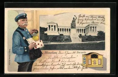 Lithographie München, Bavaria und Ruhmeshalle, Postbote im Passepartout