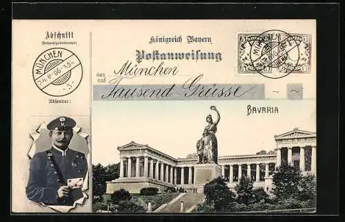 AK Postanweisung des Königreichs Bayern, Stempel München 1906, Postbeamter mit Brief