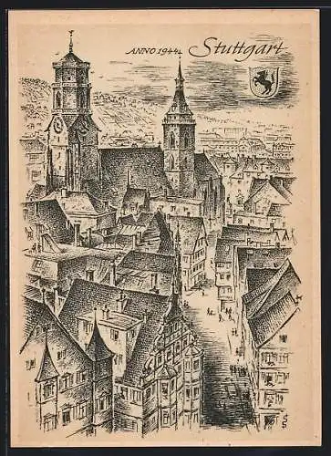 Künstler-AK Stuttgart /Baden Württemberg, Teilansicht mit Kirche 1944