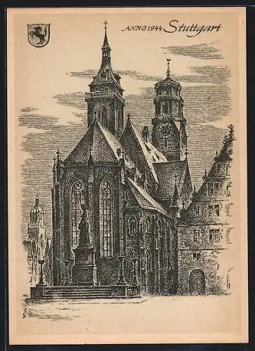 Künstler-AK Stuttgart, Kirche anno 1944