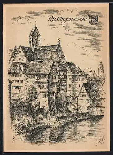 Künstler-AK Riedlingen /Donau, Flusspartie mit Altstadt