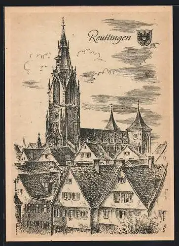 AK Reutlingen, Teilansicht mit Kirche