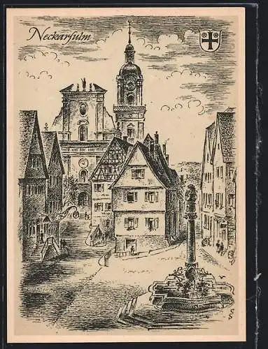 Künstler-AK Neckarsulm /Württemberg, Strassenpartie mit Gasthaus und Denkmal