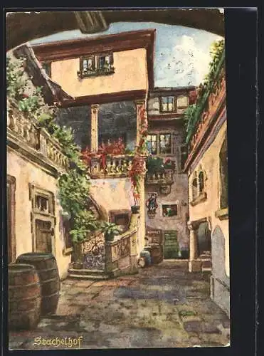 Künstler-AK Würzburg, Gasthaus Weinstube zum Stachel, Stachelhof