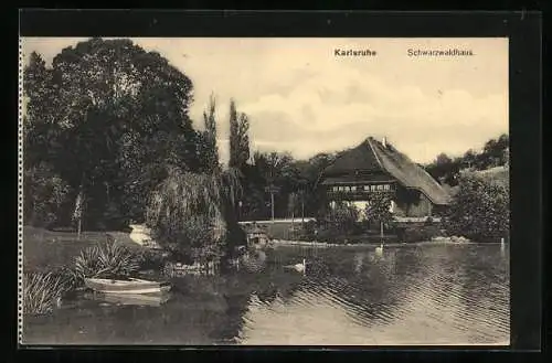 AK Karlsruhe, Schwarzwaldhaus und Teich