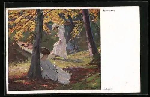 Künstler-AK Edward Cucuel: Frauen am Ufer eines Sees, Spätsommer