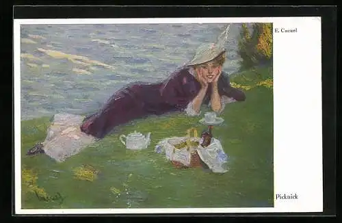 Künstler-AK Edward Cucuel: Junge Dame beim Picknick am Seeufer