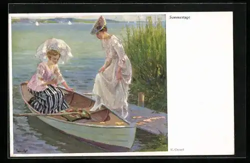 Künstler-AK Edward Cucuel: Frauen machen eine Bootspartie, Sommertage