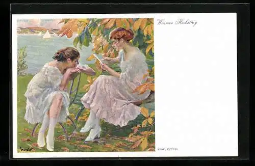 Künstler-AK Edward Cucuel: Zwei Freundinnen an einem warmen Herbsttag