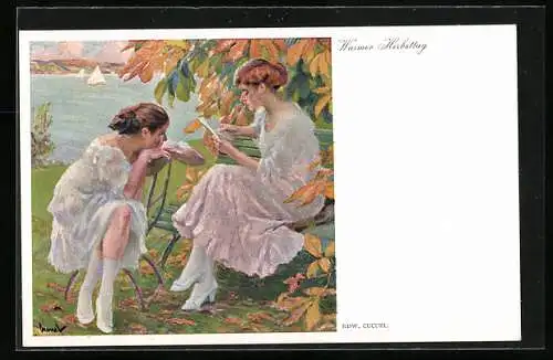 Künstler-AK Edward Cucuel: Zwei lesende Frauen an einem warmen Herbsttag