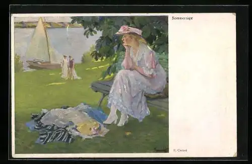 Künstler-AK Edward Cucuel: Sommertage, Dame sitzt nachdenklich auf einer Bank