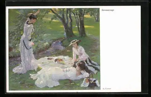 Künstler-AK Edward Cucuel: Sommertage, Drei Damen bei einem Picknick