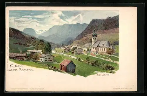 Künstler-Lithographie Heinrich Deuchert: Ramsau / Berchtesgaden, Teilansicht mit Kirche