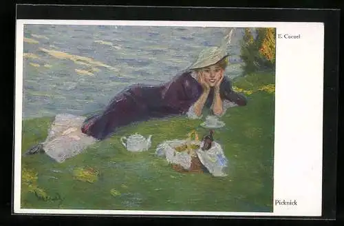 Künstler-AK Edward Cucuel: Frau beim Picknick am Ufer