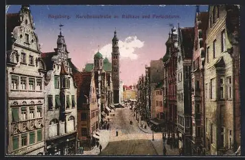 AK Augsburg, Karolinenstrasse mit Rathaus und Perlachturm