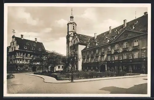 AK Augsburg, Kirche St. Stephan, rechts Konventbau, links Ludwigs-Institut von Westen aus gesehen