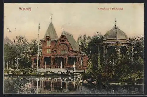 AK Augsburg, Kaffeehaus im Stadtgarten, Ansicht vom Wasser aus mit Pavillon