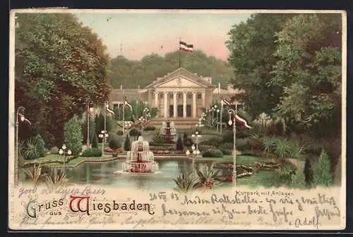 Lithographie Wiesbaden, Kurpark mit Anlagen