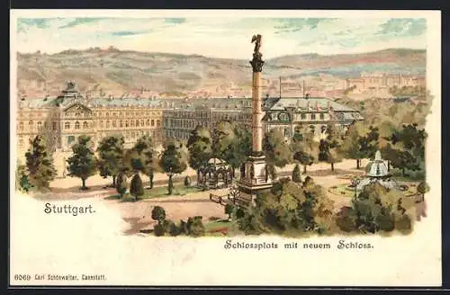 Lithographie Stuttgart, Schlossplatz mit neuem Schloss