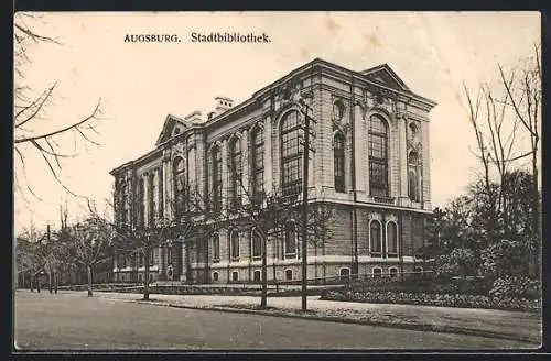 AK Augsburg, Stadtbibliothek mit Strassenpartie