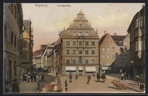 AK Augsburg, Ludwigstrasse mit Friseurgeschäft