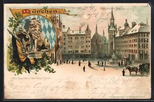 Lithographie München, Marienplatz mit Münchner Löwen