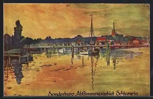 Künstler-AK Sonderburg, Flusspartie zum Sonnenuntergang