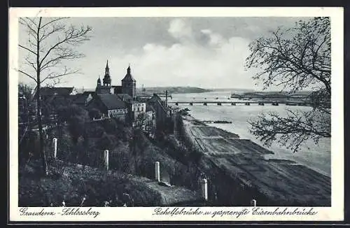 AK Graudenz-Grudziadz, Behelfsbrücke und gesprengte Eisenbahnbrücke