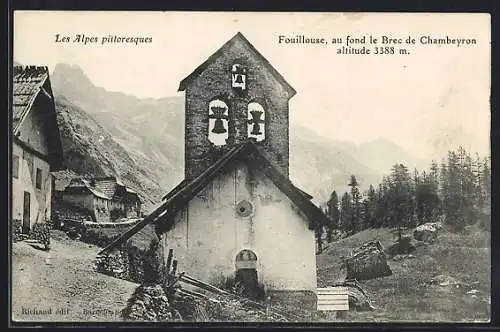 AK Fouillouse, l`église avec le Brec de Chambeyron dans le fond