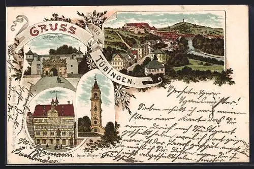 Lithographie Tübingen, Rathaus, Kaiser Wilhelm-Turm, Schlossthor und Gesamtansicht