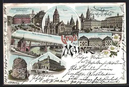 Lithographie Mainz, Gutenbergplatz, Stadthalle, Neue Strassenbrücke, Grossherzog. Schloss, Gouvernementsgebäude