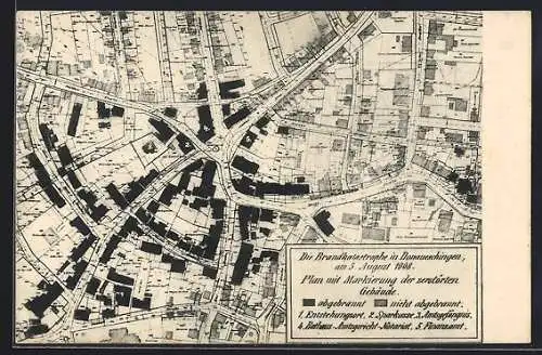 AK Donaueschingen, Stadtplan mit Markierung für von der Brandkatastrophe betroffene Häuser