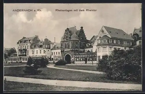 AK Andernach, Rheinanlagen mit dem Rheintor, Hotel Rhein Krone