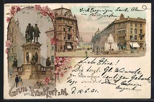 Lithographie Frankfurt /Main, Gutenberg-Denkmal, Kaiserstrasse mit Springbrunnen, Blumen