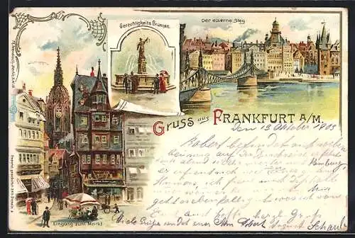 Lithographie Alt-Frankfurt, der eiserne Steg, Marktplatz und Gerechtigkeitsbrunnen