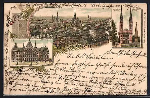 Lithographie Wiesbaden, Blick auf die Stadt mit Rathaus, Waterloosäule und katholischer Kirche