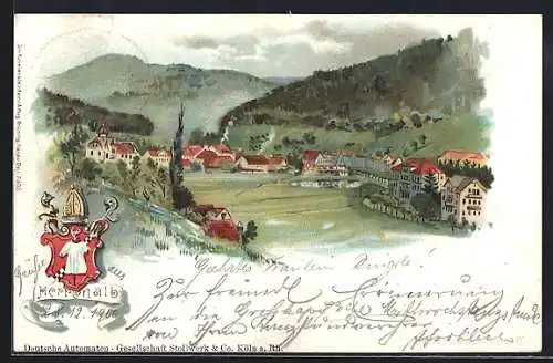 Lithographie Herrenalb, Panorama und Wappen